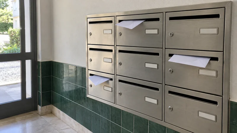 Caixas de correio metálicas na entrada de um prédio, com envelopes do condomínio por abrir a sair das ranhuras