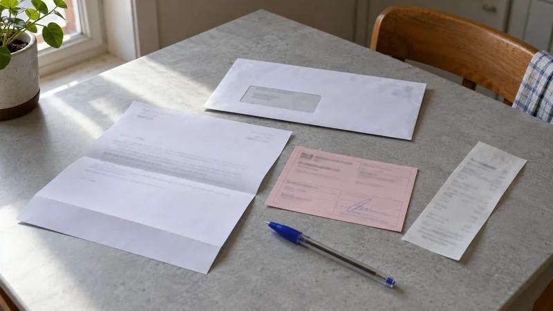 Carta registada com o aviso de recepção assinado, em cima de uma mesa, ao lado de uma caneta e de um talão dos correios