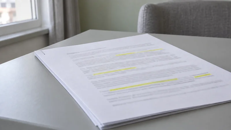 Contrato agrafado pousado numa mesa de sala, com linhas sublinhadas a marcador amarelo