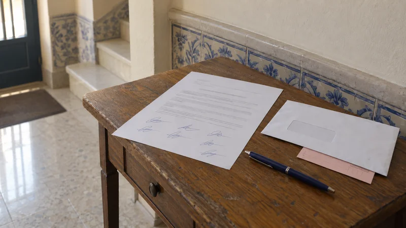 Folha com várias assinaturas e um envelope de correio registado em cima da mesa da entrada de um prédio, com uma caneta ao lado