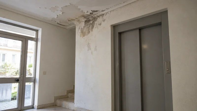 Hall de entrada de um prédio antigo, com o tecto descascado e manchas de humidade junto à porta do elevador