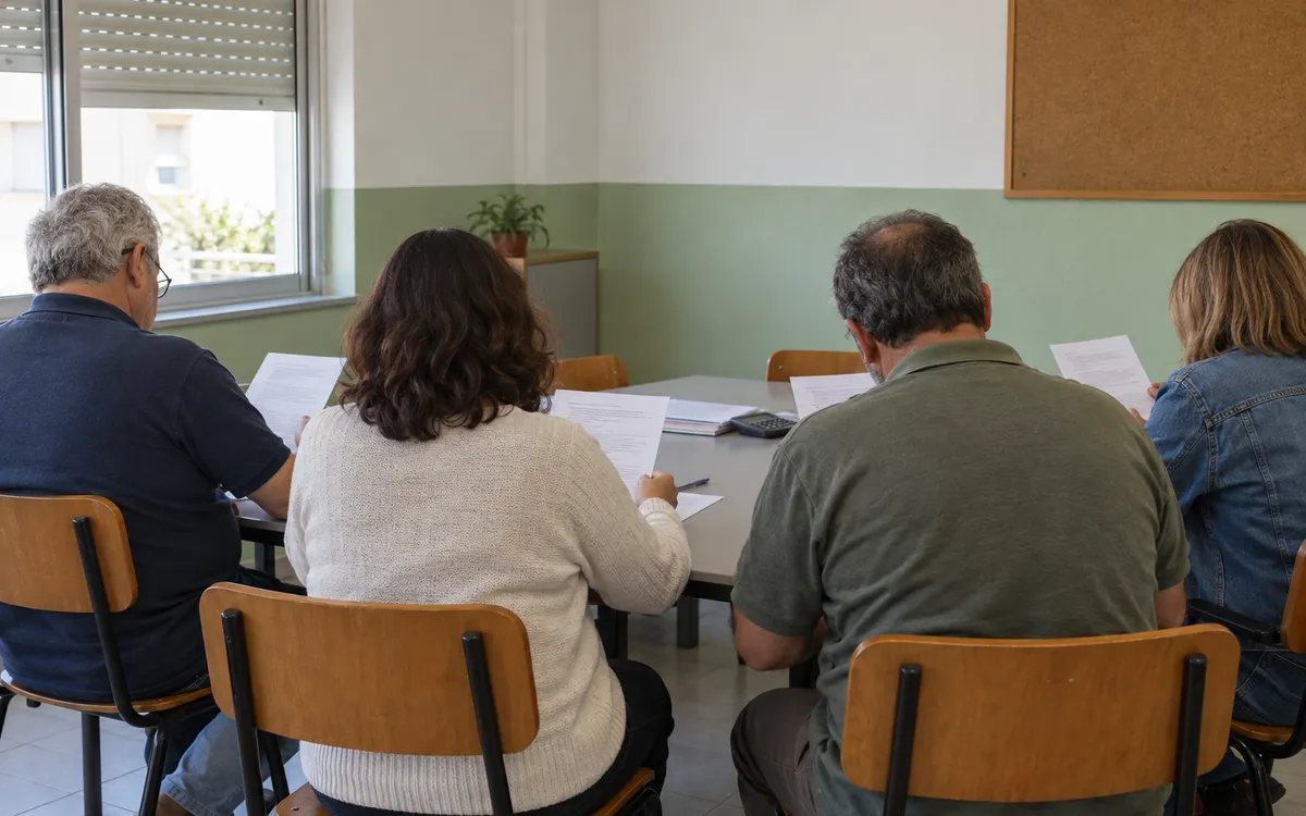 Condóminos sentados à volta de uma mesa numa sala de condomínio, a ler documentos impressos, vistos de costas