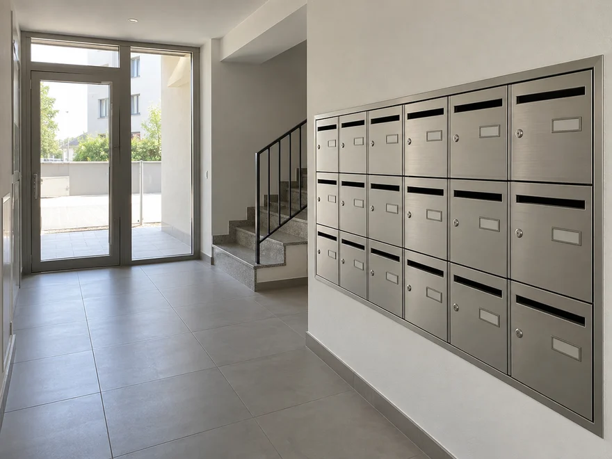 Hall de entrada de um prédio novo por estrear, com as caixas do correio ainda sem nomes
