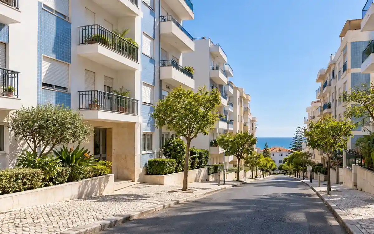 Imagem ilustrativa de uma rua de Carcavelos com prédios de habitação de quatro a seis andares, perto do mar
