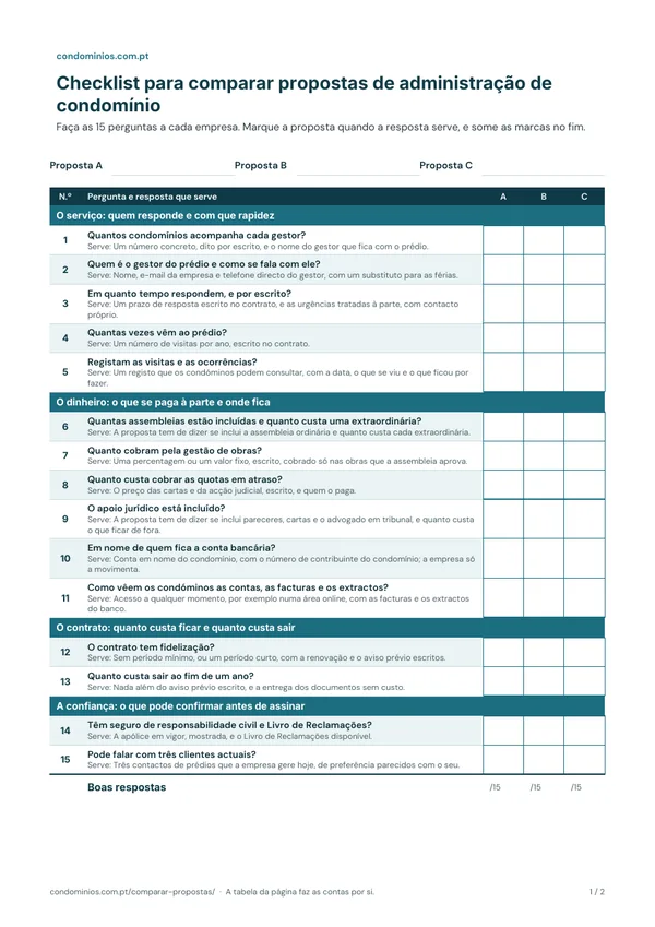 Primeira página da checklist para comparar propostas de administração de condomínio, com as 15 perguntas e espaço para três propostas