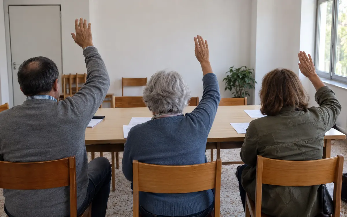 Vizinhos vistos de costas numa sala de condomínio, de braço levantado numa votação
