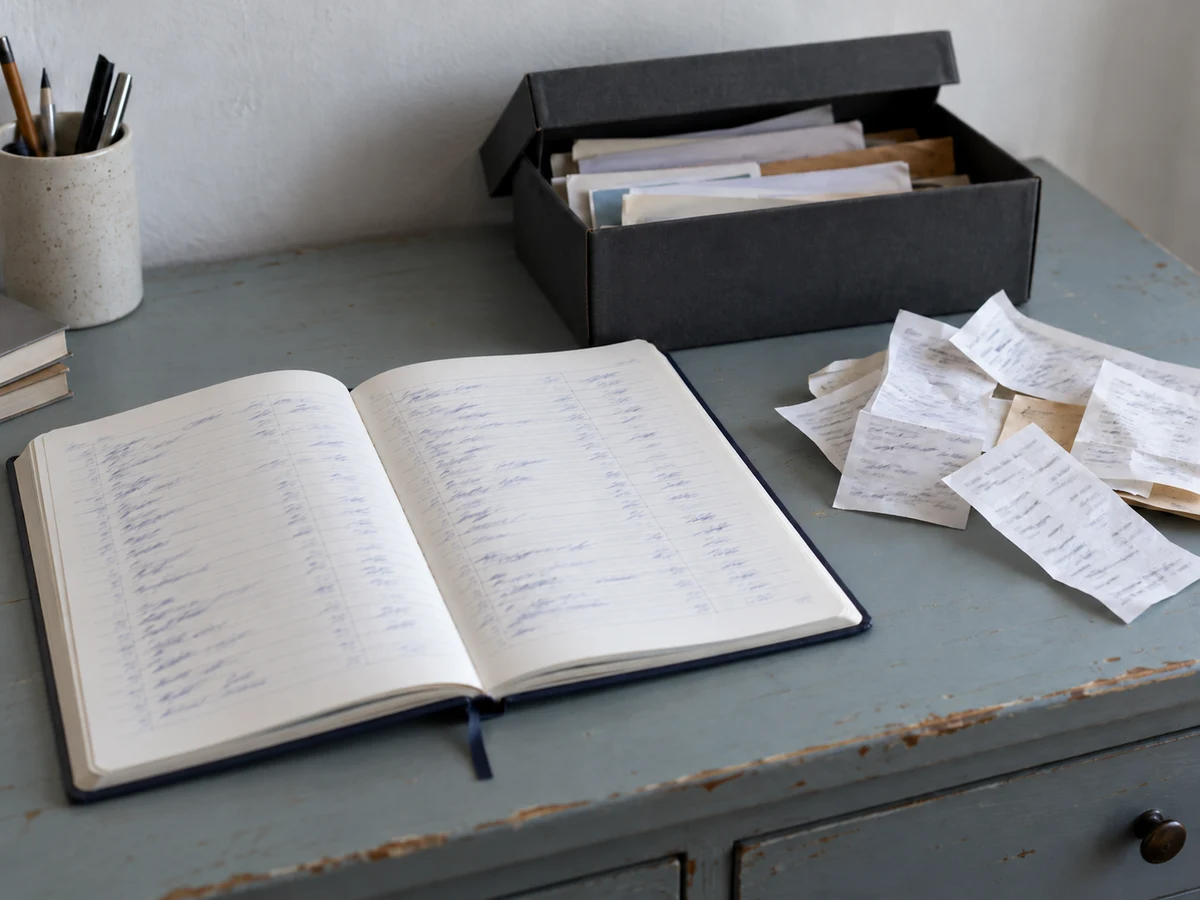 Caderno de contas escrito à mão, recibos soltos e uma caixa de arquivo em cima de uma secretária