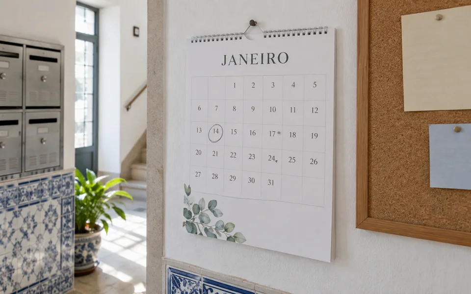 Calendário de Janeiro com uma data assinalada no hall de um prédio