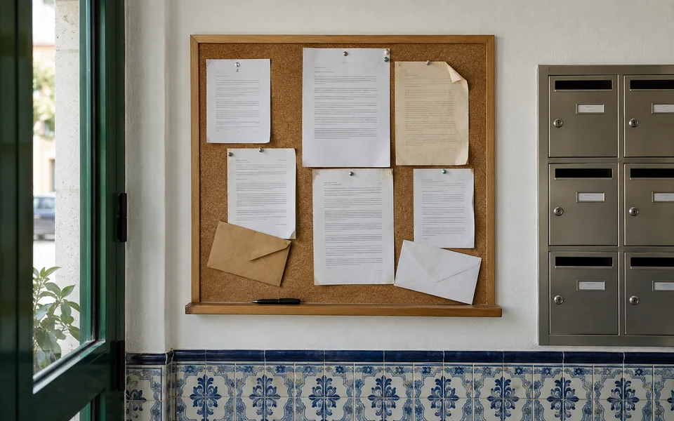 Quadro de avisos com comunicados e envelopes junto às caixas de correio de um prédio