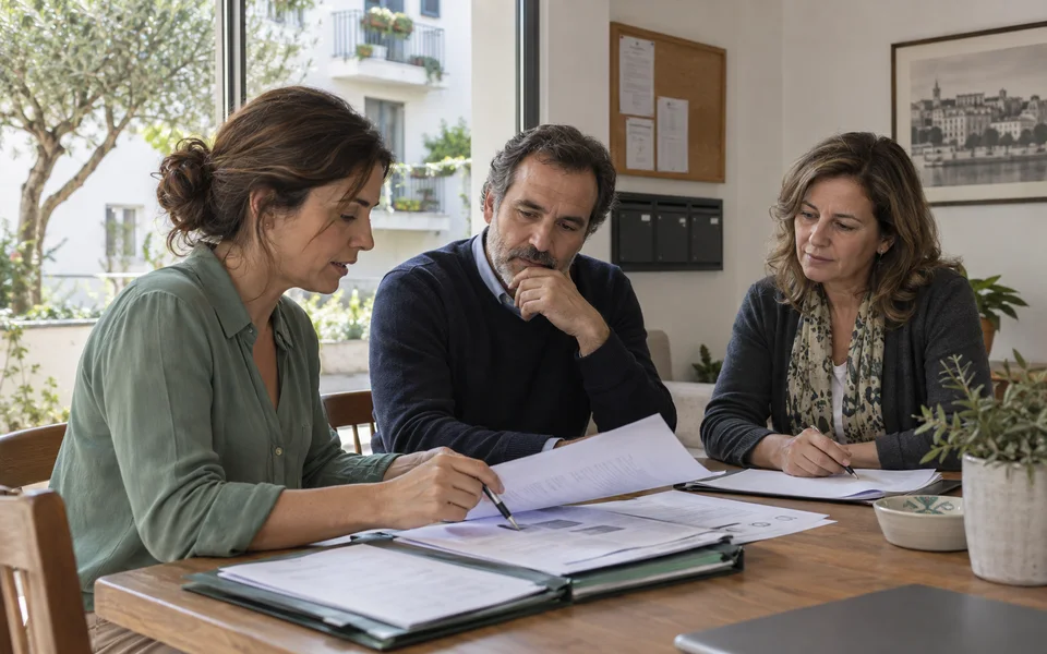 Condóminos reunidos a comparar documentos e propostas de administração