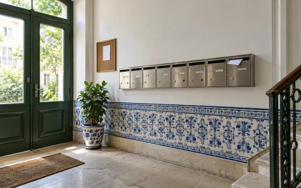 Hall de um prédio português com caixas de correio, azulejos e um quadro de avisos