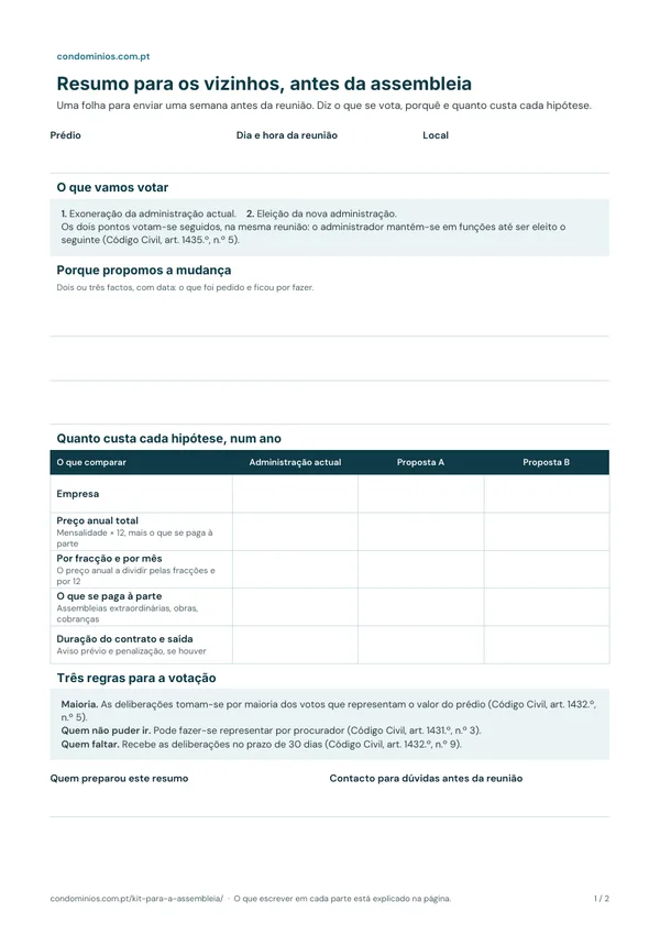 Primeira página do kit para a assembleia: o resumo de uma página para os vizinhos, com espaço para as propostas