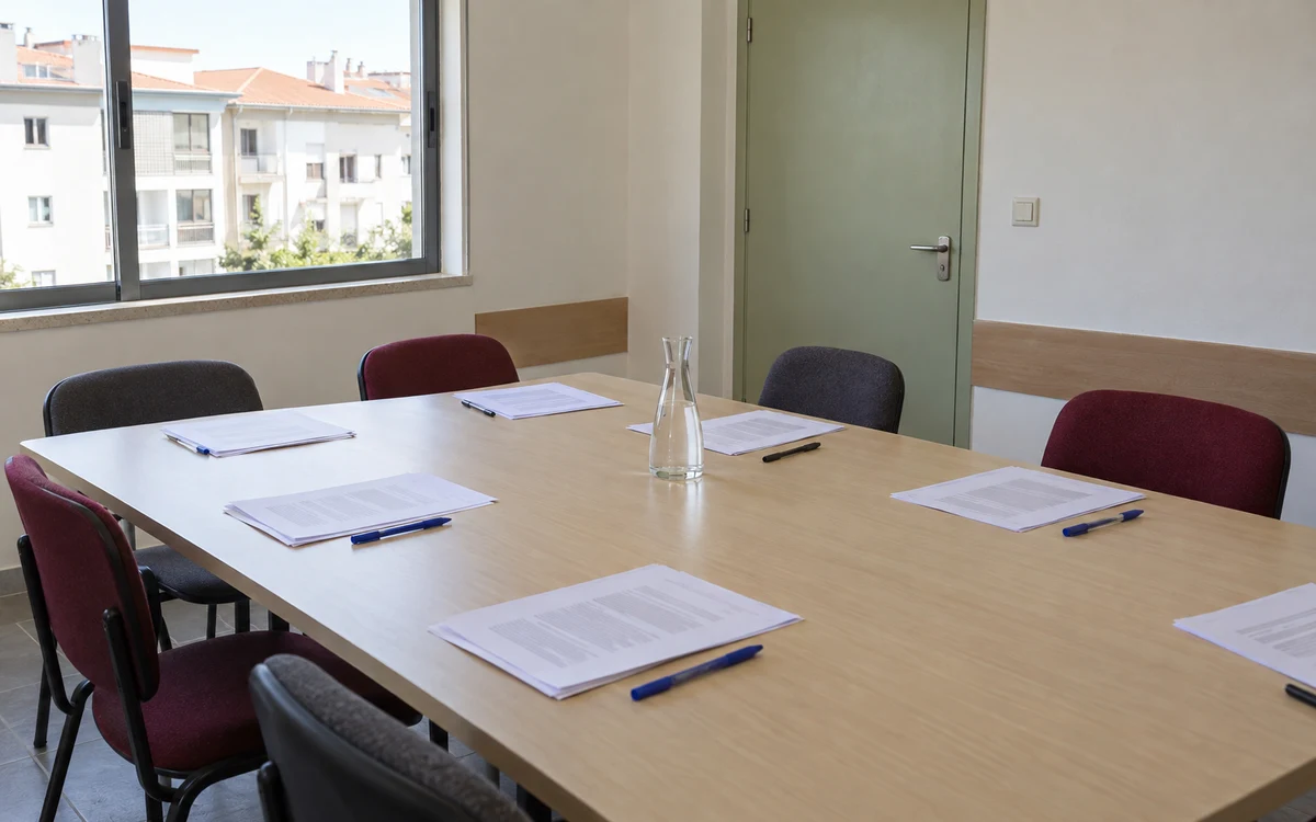 Mesa de uma reunião de condomínio com folhas impressas de um resumo e de uma convocatória, e canetas