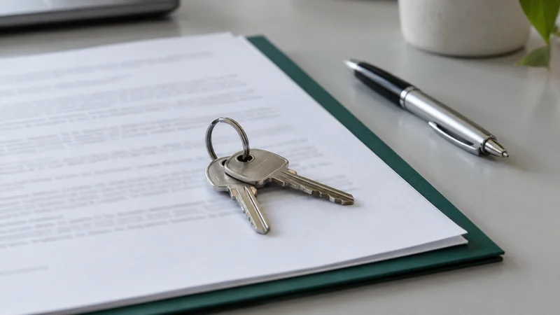 Chaves de casa em cima de uma escritura de compra e venda, numa mesa de escritório