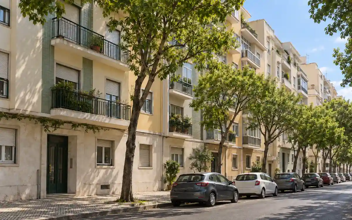 Imagem ilustrativa de uma rua residencial de Lisboa com prédios de cinco e seis andares e árvores no passeio
