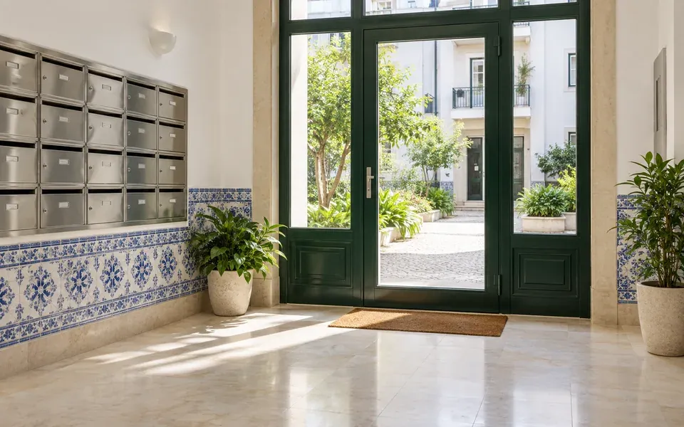 Hall de um prédio português com caixas de correio e entrada para um pátio ajardinado
