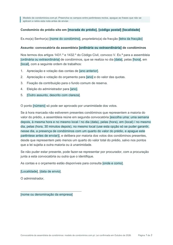 Primeira página do modelo de convocatória de assembleia de condóminos, com os campos a preencher sombreados