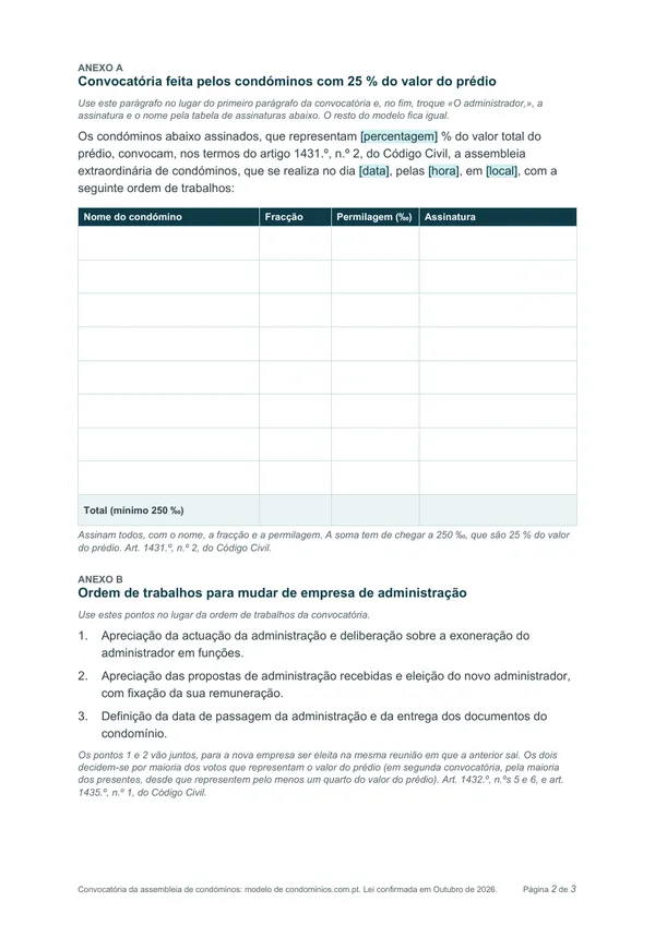 Página dos anexos do modelo de convocatória, com a tabela de assinaturas dos condóminos que convocam e a ordem de trabalhos para mudar de empresa