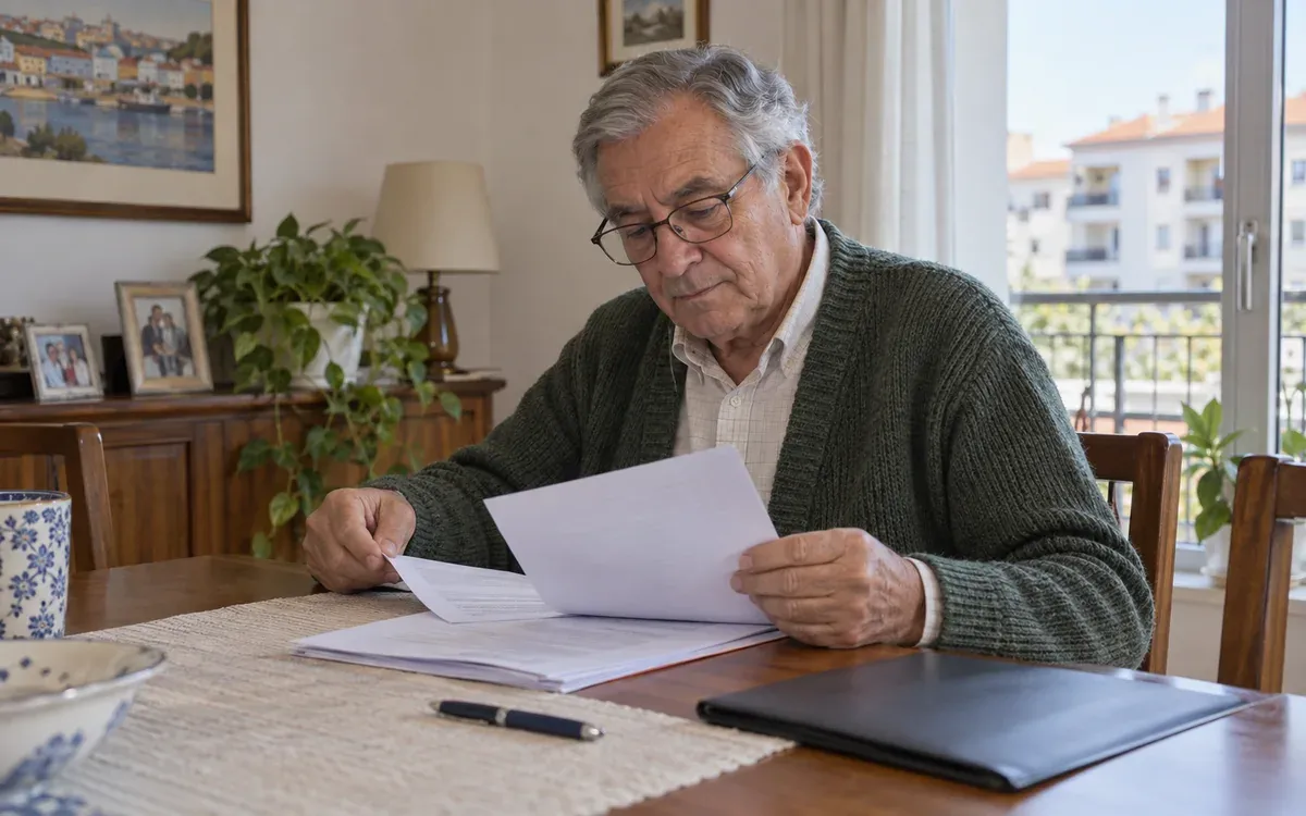 Vizinho de mais idade a ler com atenção uma proposta de administração impressa, à mesa da sala