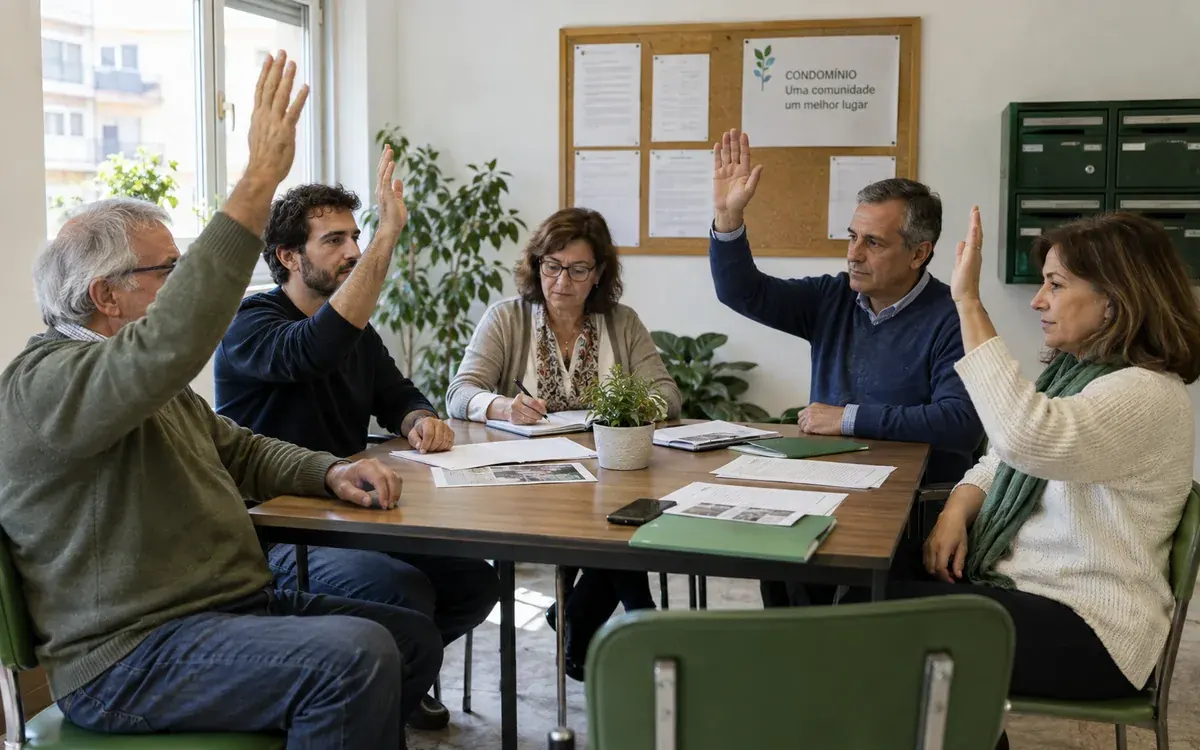 Vizinhos numa assembleia de condóminos a votar de mão levantada, na sala do condomínio