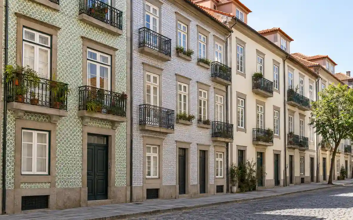 Imagem ilustrativa de uma rua residencial do Porto com prédios de quatro andares e fachadas de azulejo