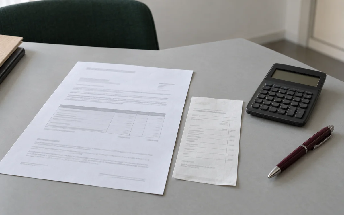 Proposta impressa ao lado de um recibo de quota e de uma calculadora, numa mesa