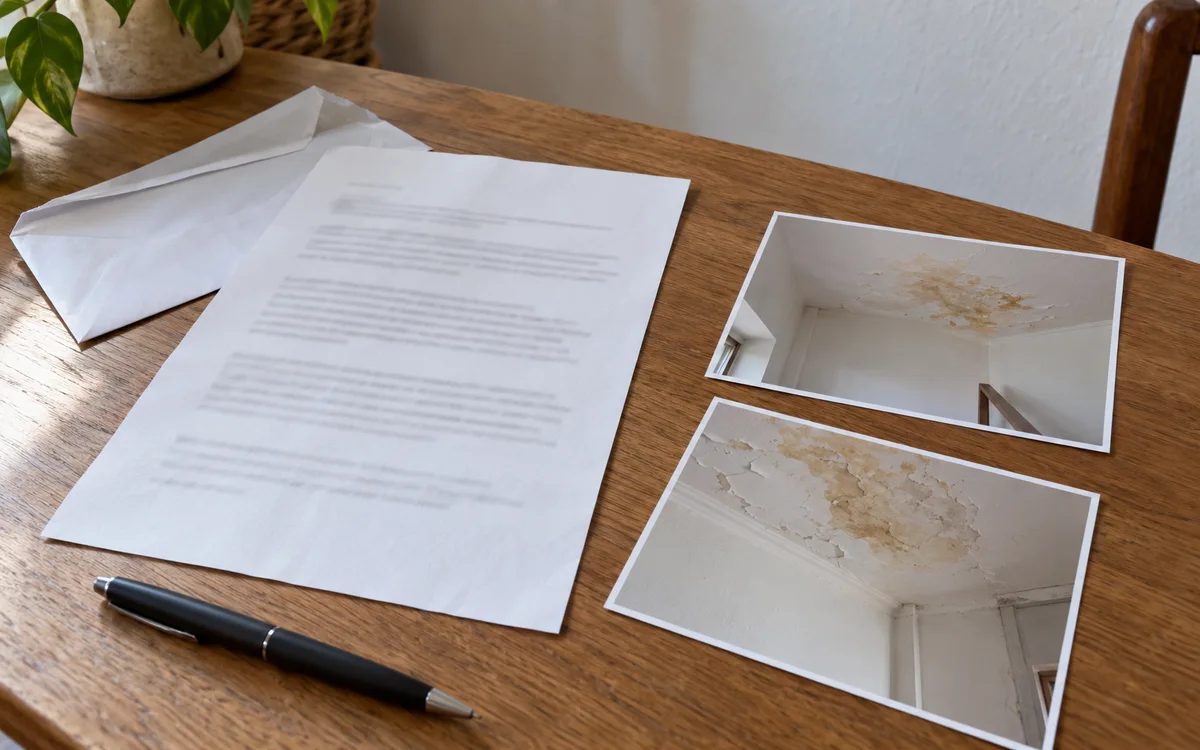 Carta de uma seguradora em cima de uma mesa, ao lado de fotografias impressas de um tecto com humidade