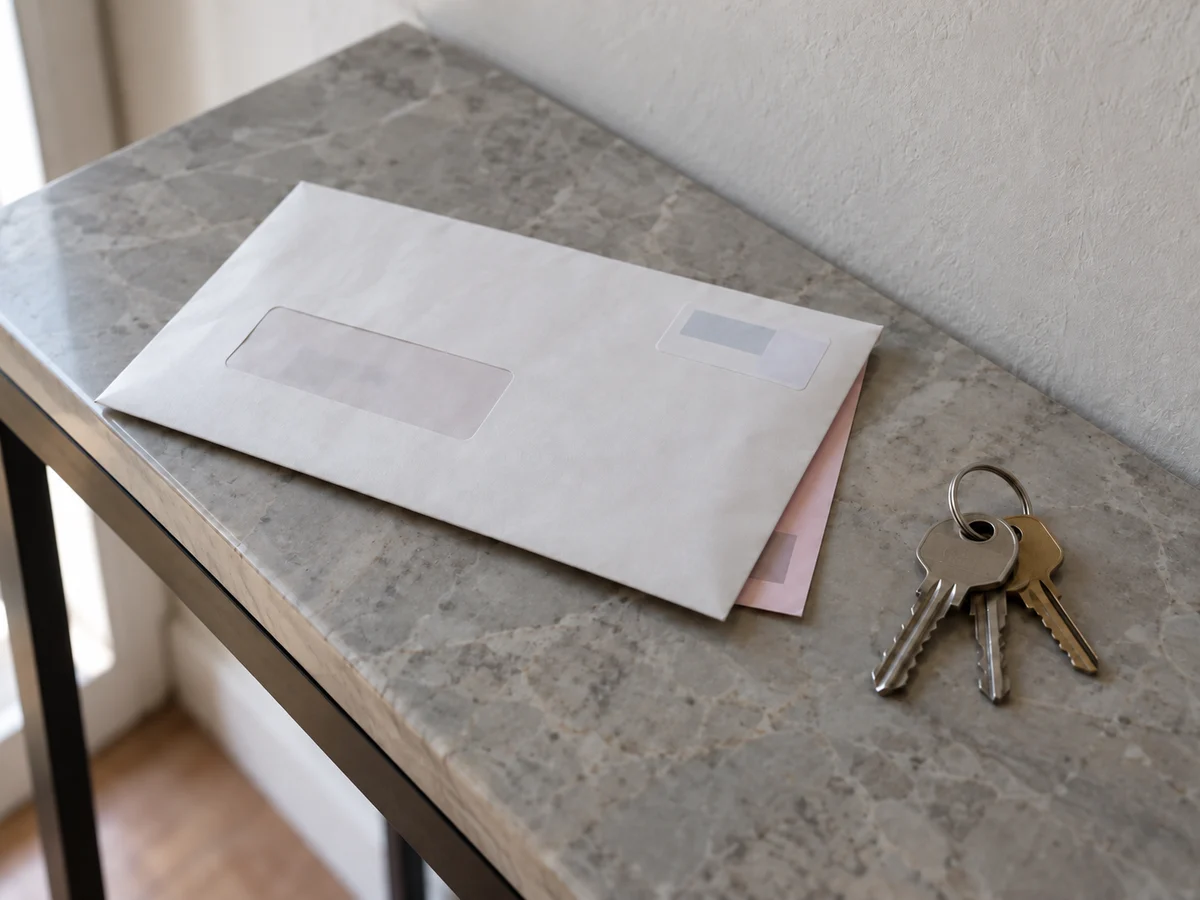 Carta registada por abrir em cima de uma mesa de entrada, ao lado de um molho de chaves