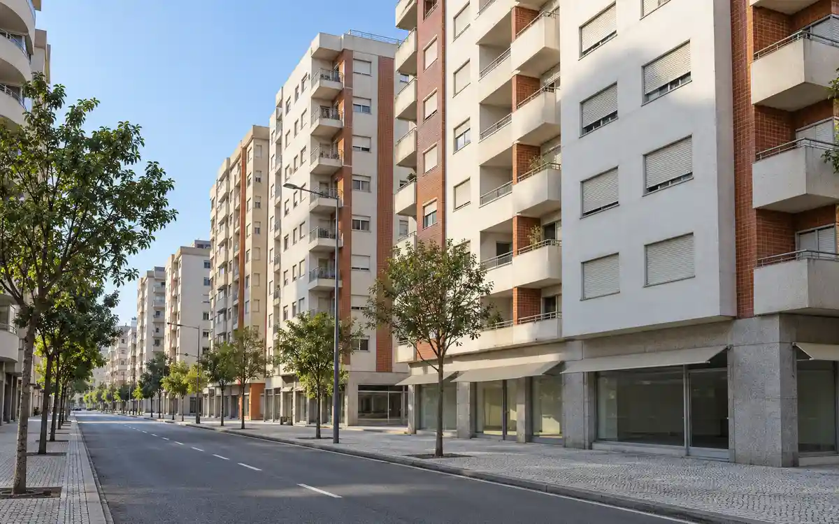 Imagem ilustrativa de uma avenida de Mafamude com prédios de habitação de oito a dez andares